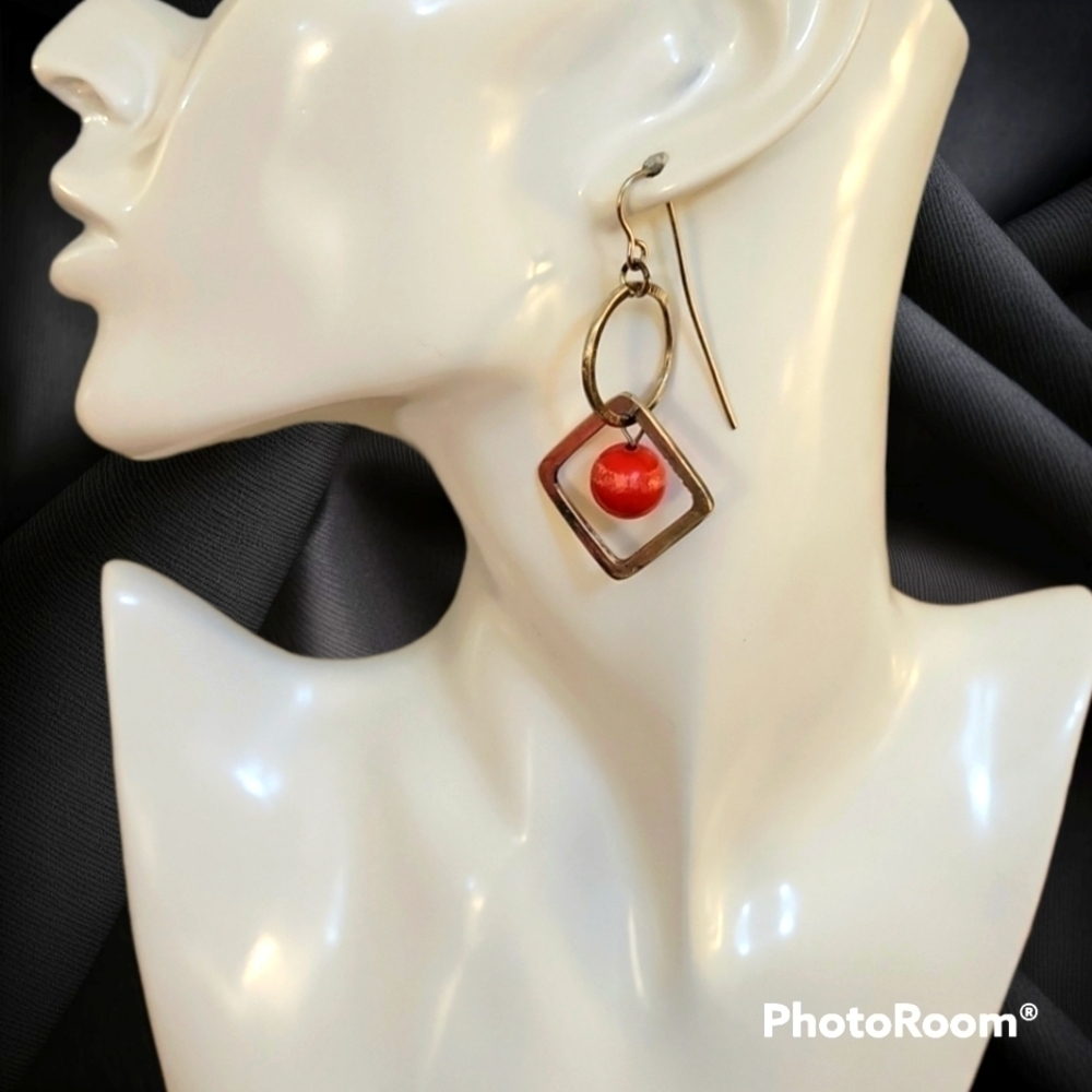 Vtg Geometric Mod Red Beaded Festival Dangle Hook Earrings